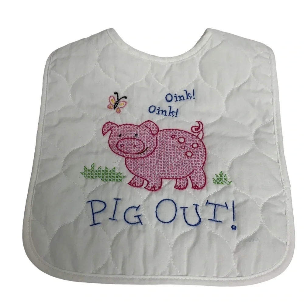 Oink Oink PIG OUT Handcrafted Cross Stitch Pink Pig’s Expression Above White Bib